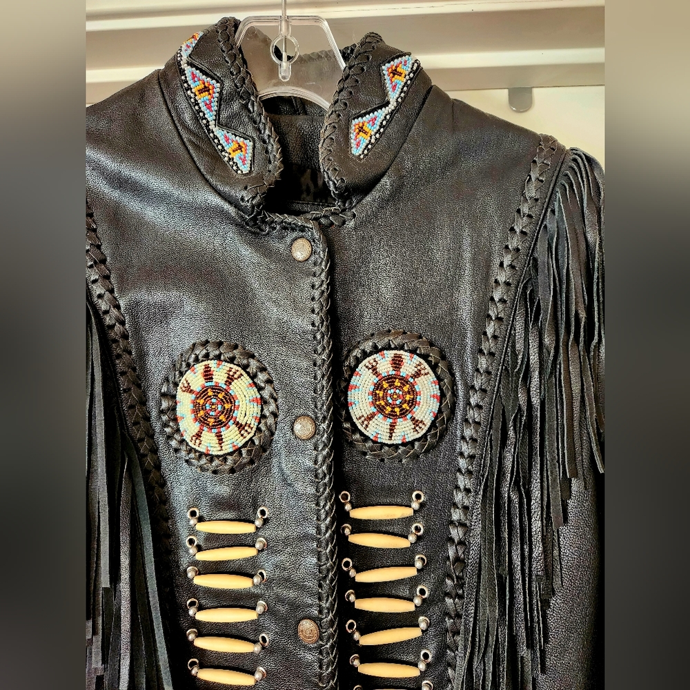 3B WEST Tansmith Black Fringe Multi Beads Leather Western Native Coat Jacket 36 - Picture 5 of 16
